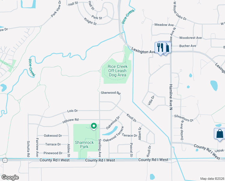 map of restaurants, bars, coffee shops, grocery stores, and more near 1535 Sherwood Road in Shoreview