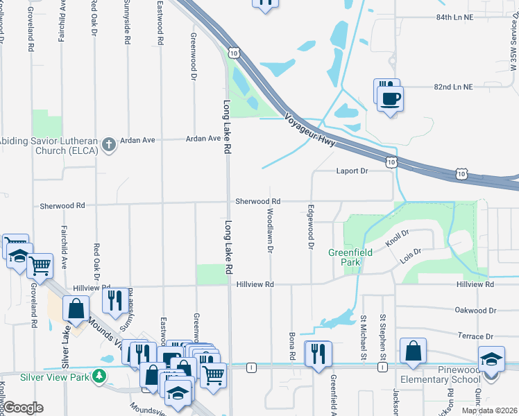 map of restaurants, bars, coffee shops, grocery stores, and more near 2501 Sherwood Road in Mounds View