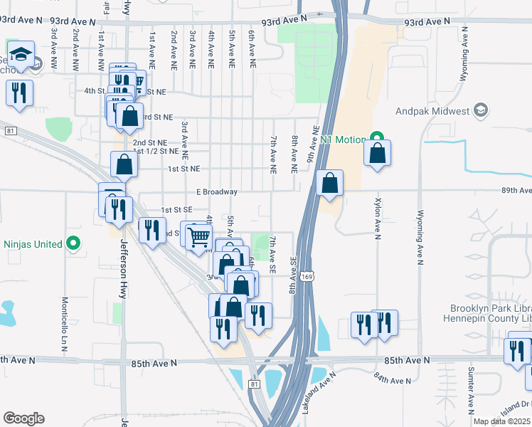 map of restaurants, bars, coffee shops, grocery stores, and more near 33 7th Avenue Southeast in Osseo