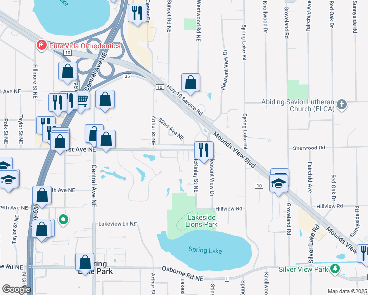 map of restaurants, bars, coffee shops, grocery stores, and more near 1577 Ballantyne Lane Northeast in Spring Lake Park