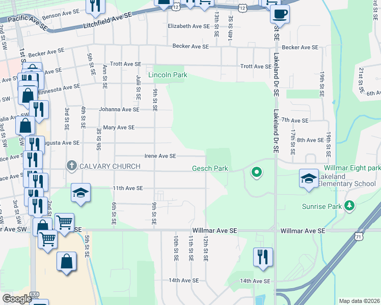 map of restaurants, bars, coffee shops, grocery stores, and more near 1101 Irene Avenue Southeast in Willmar