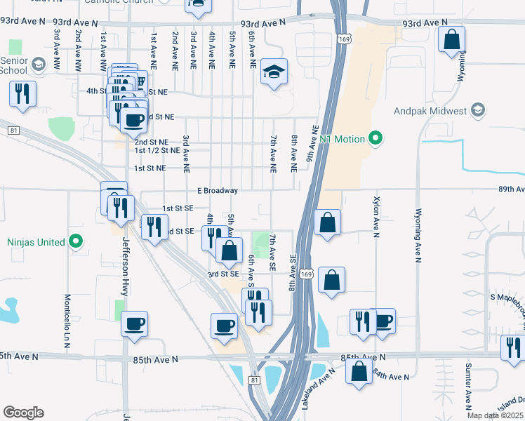 map of restaurants, bars, coffee shops, grocery stores, and more near 524 East Broadway in Osseo