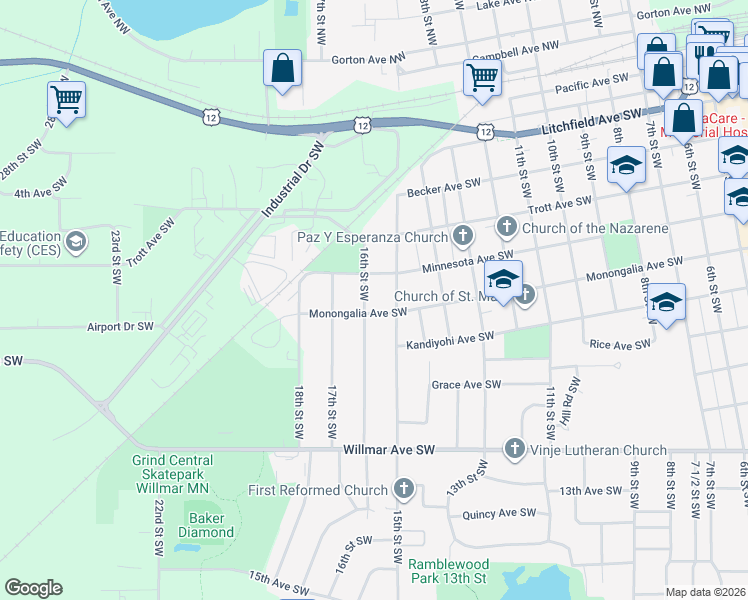 map of restaurants, bars, coffee shops, grocery stores, and more near 611 16th Street Southwest in Willmar