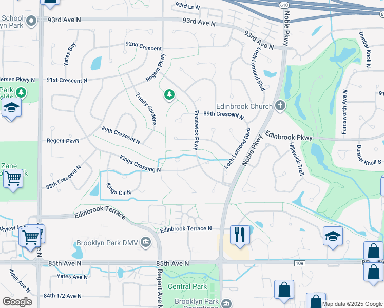 map of restaurants, bars, coffee shops, grocery stores, and more near 8765 Prestwick Parkway in Minneapolis