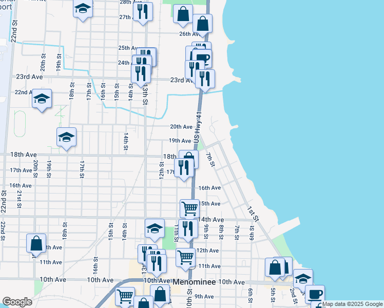 map of restaurants, bars, coffee shops, grocery stores, and more near 1000 18th Avenue in Menominee