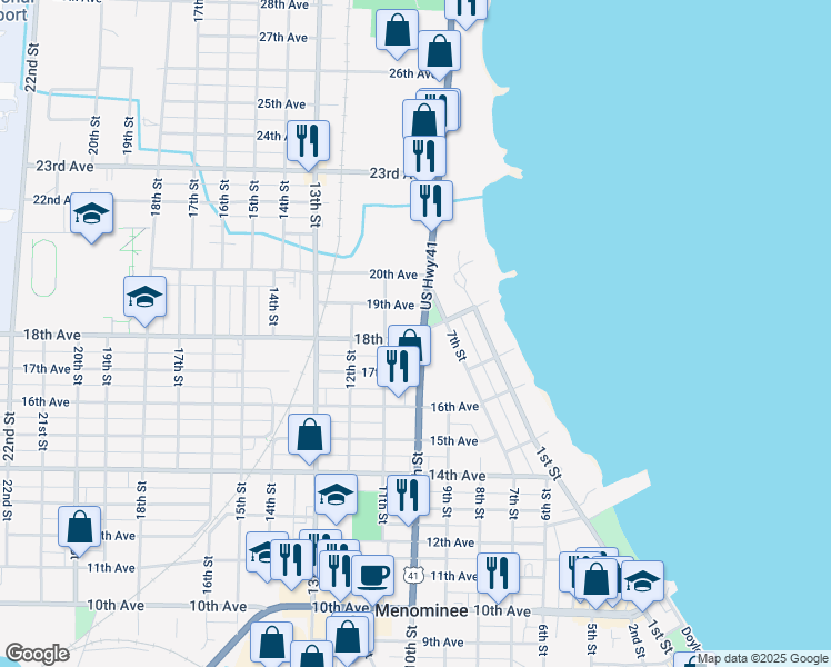 map of restaurants, bars, coffee shops, grocery stores, and more near 1000-1098 18th Avenue in Menominee