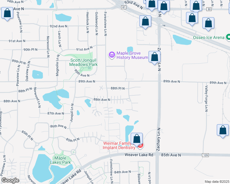 map of restaurants, bars, coffee shops, grocery stores, and more near 11551 88th Place North in Maple Grove