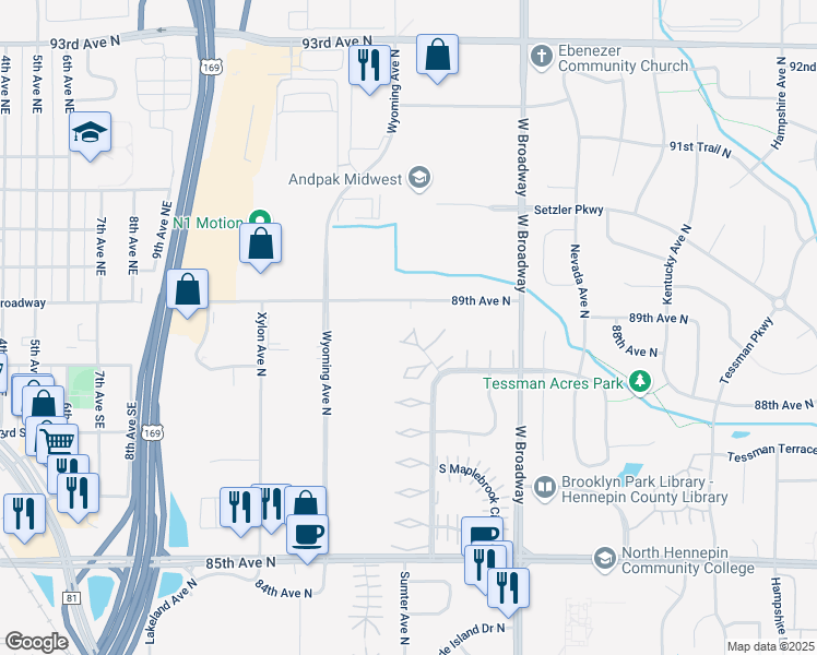 map of restaurants, bars, coffee shops, grocery stores, and more near 8850 Maplebrook Court in Minneapolis