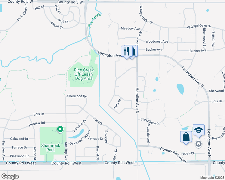 map of restaurants, bars, coffee shops, grocery stores, and more near 5773 Ridge Creek Road in Shoreview