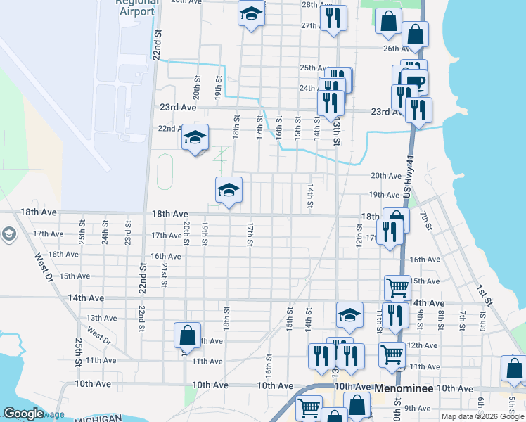 map of restaurants, bars, coffee shops, grocery stores, and more near 1809 16th Street in Menominee