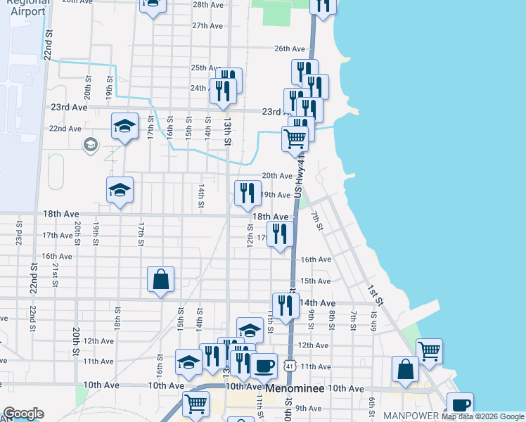 map of restaurants, bars, coffee shops, grocery stores, and more near 1804 12th Street in Menominee
