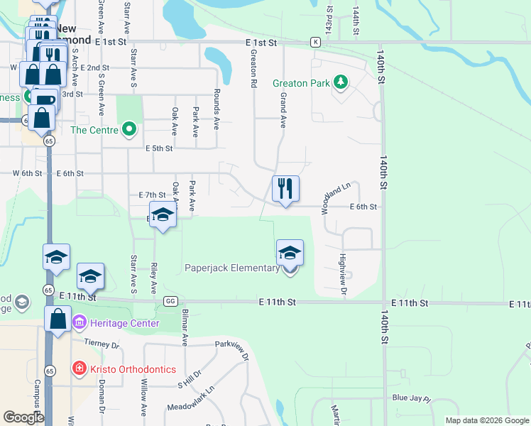map of restaurants, bars, coffee shops, grocery stores, and more near 938 East 6th Street in New Richmond