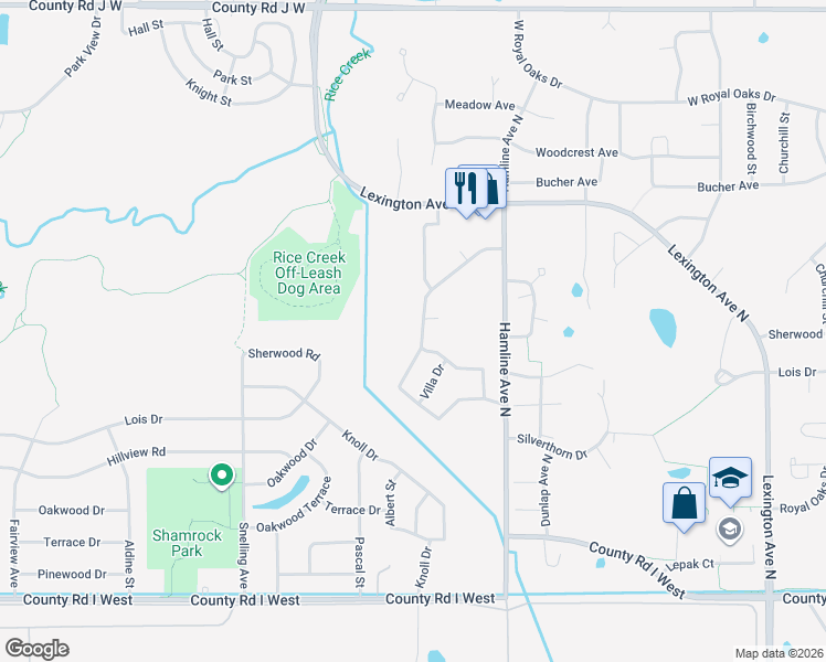 map of restaurants, bars, coffee shops, grocery stores, and more near 5773 Ridge Creek Road in Shoreview