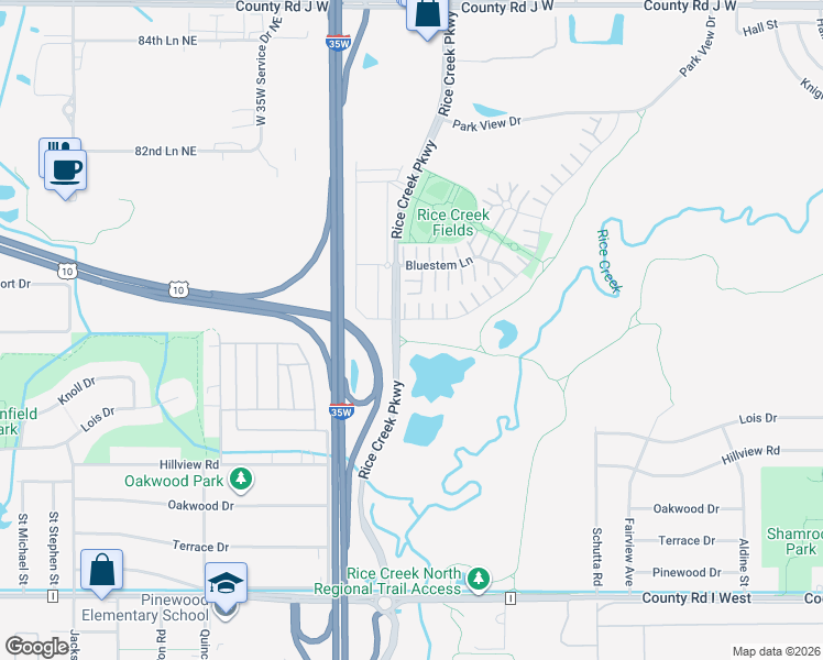 map of restaurants, bars, coffee shops, grocery stores, and more near 5780 Prairie Ridge Drive in Shoreview