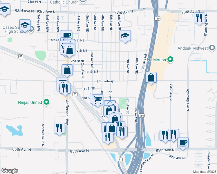map of restaurants, bars, coffee shops, grocery stores, and more near 25 5th Avenue Southeast in Osseo