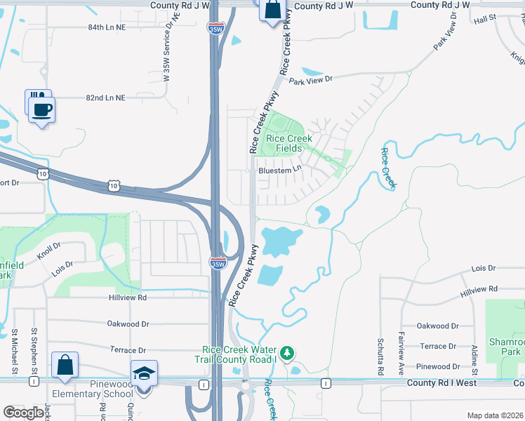 map of restaurants, bars, coffee shops, grocery stores, and more near 5780 Prairie Ridge Drive in Shoreview