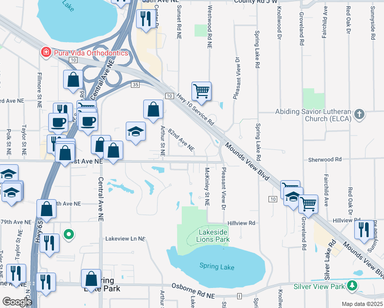 map of restaurants, bars, coffee shops, grocery stores, and more near 1577 Ballantyne Lane Northeast in Spring Lake Park