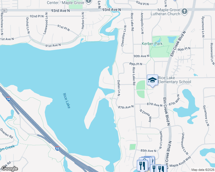 map of restaurants, bars, coffee shops, grocery stores, and more near 14207 88th Place North in Maple Grove