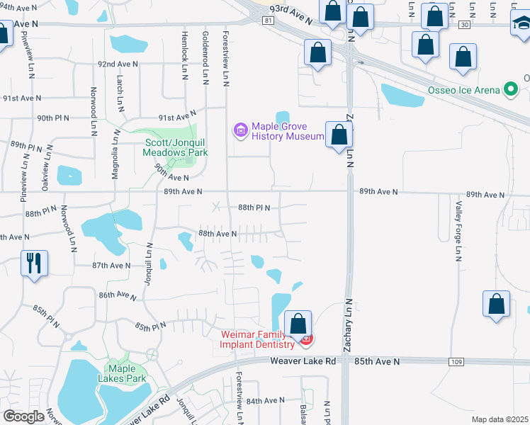 map of restaurants, bars, coffee shops, grocery stores, and more near 11551 88th Place North in Maple Grove