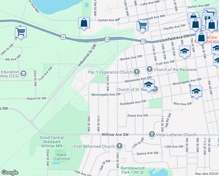 map of restaurants, bars, coffee shops, grocery stores, and more near 611 16th Street Southwest in Willmar
