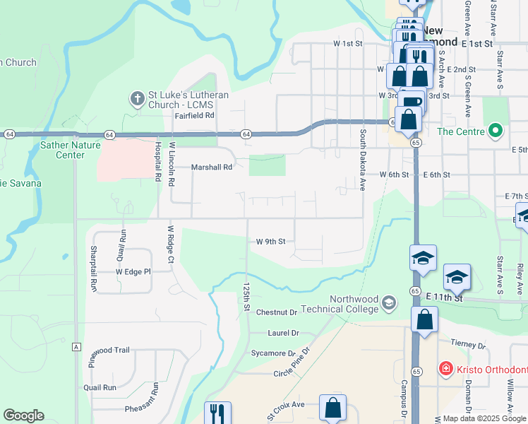 map of restaurants, bars, coffee shops, grocery stores, and more near 625 West 8th Street in New Richmond