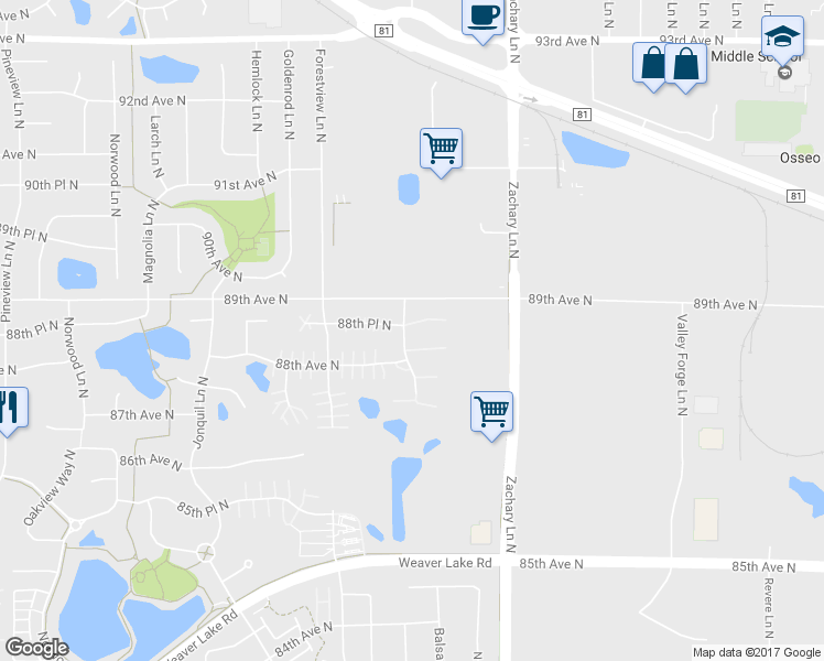 map of restaurants, bars, coffee shops, grocery stores, and more near 8850 Cottonwood Lane North in Maple Grove