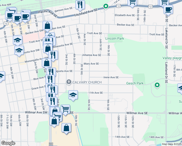 map of restaurants, bars, coffee shops, grocery stores, and more near 600 Augusta Avenue Southeast in Willmar