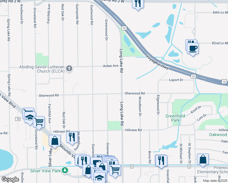 map of restaurants, bars, coffee shops, grocery stores, and more near 2565 Sherwood Road in Mounds View