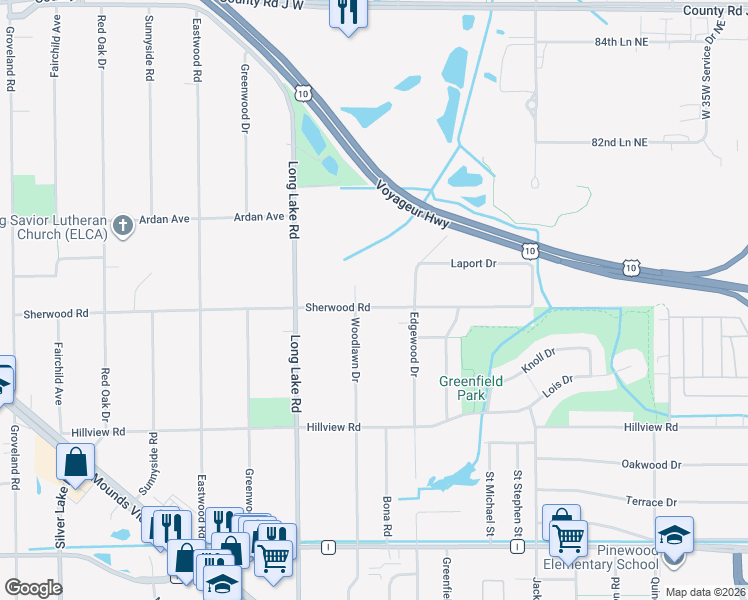 map of restaurants, bars, coffee shops, grocery stores, and more near 2451 Sherwood Road in Mounds View