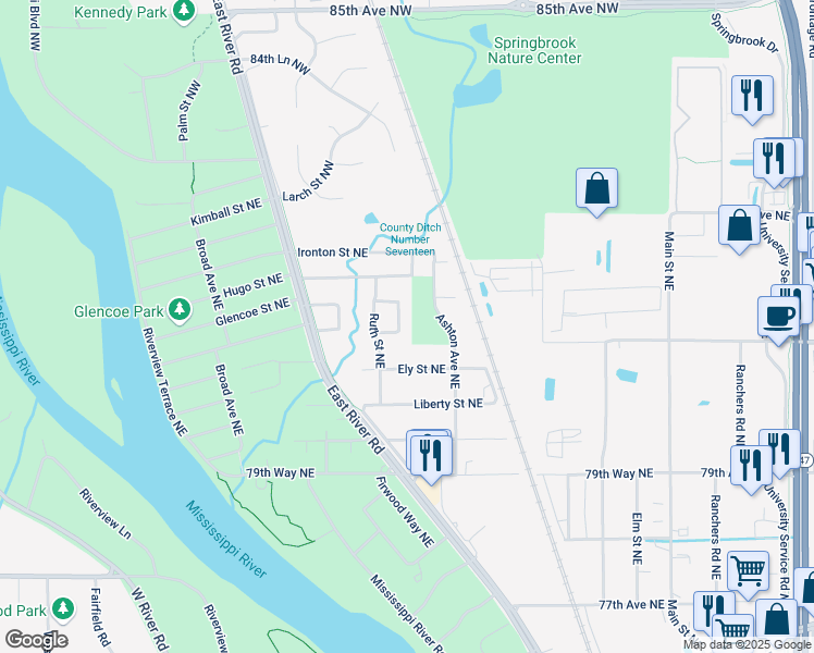 map of restaurants, bars, coffee shops, grocery stores, and more near 8131 Ruth Circle Northeast in Fridley