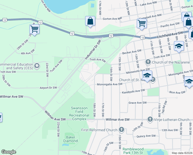 map of restaurants, bars, coffee shops, grocery stores, and more near 607 18th Street Southwest in Willmar