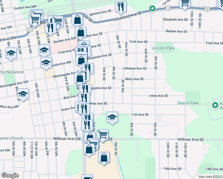 map of restaurants, bars, coffee shops, grocery stores, and more near 402 Augusta Avenue Southeast in Willmar