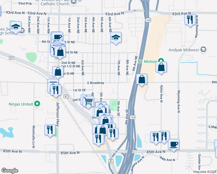 map of restaurants, bars, coffee shops, grocery stores, and more near 524 East Broadway in Osseo