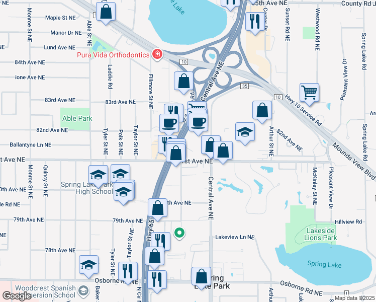 map of restaurants, bars, coffee shops, grocery stores, and more near 8155 Highway 65 Northeast in Spring Lake Park