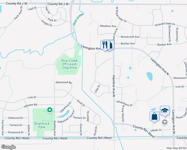 map of restaurants, bars, coffee shops, grocery stores, and more near 5773 Ridge Creek Road in Shoreview