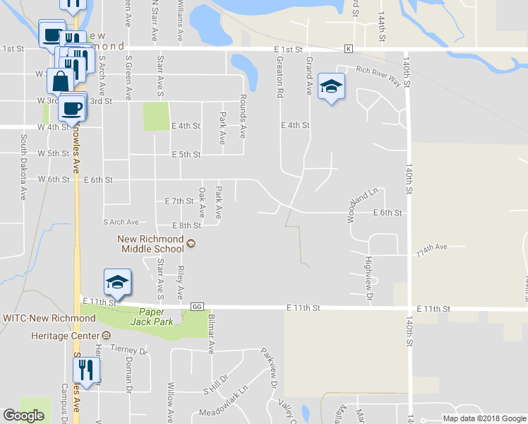 map of restaurants, bars, coffee shops, grocery stores, and more near 872 Cedar Court in New Richmond