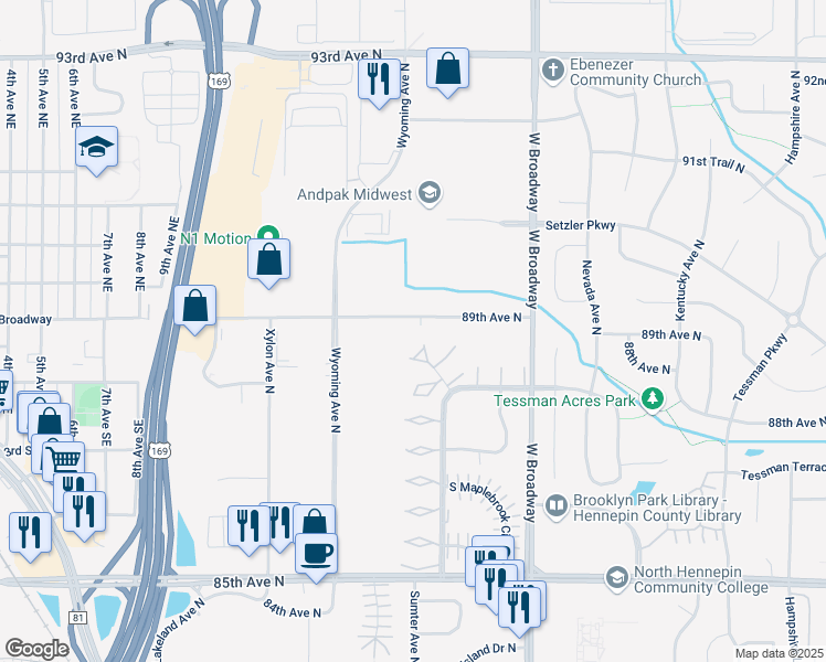 map of restaurants, bars, coffee shops, grocery stores, and more near 8850 Maplebrook Court in Minneapolis