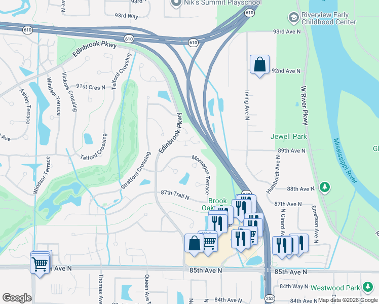 map of restaurants, bars, coffee shops, grocery stores, and more near 8884 Montegue Terrace in Minneapolis