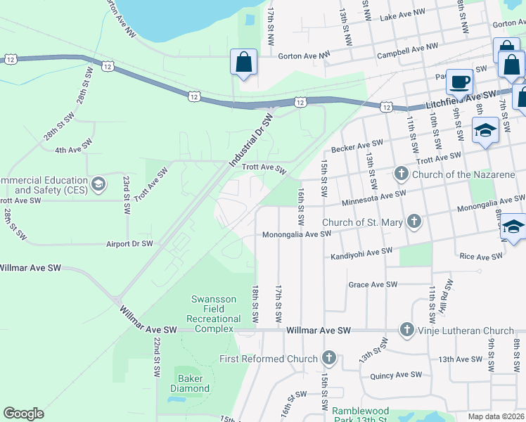 map of restaurants, bars, coffee shops, grocery stores, and more near 607 18th Street Southwest in Willmar