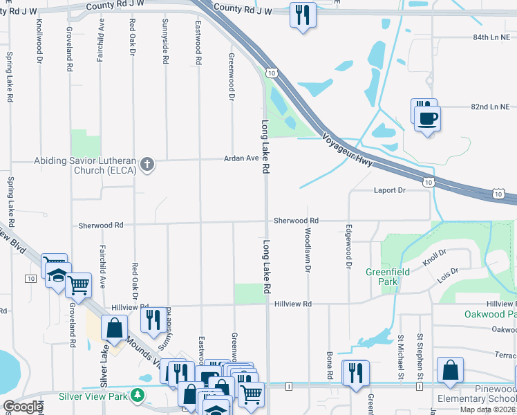 map of restaurants, bars, coffee shops, grocery stores, and more near 2565 Sherwood Road in Mounds View