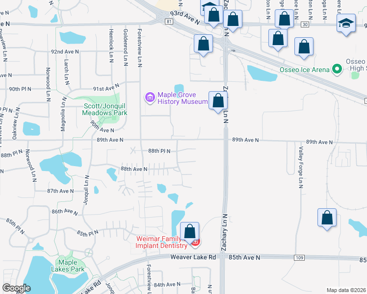 map of restaurants, bars, coffee shops, grocery stores, and more near 8864 Cottonwood Lane North in Maple Grove
