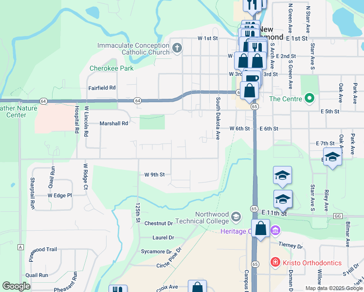 map of restaurants, bars, coffee shops, grocery stores, and more near 505 West 8th Street in New Richmond