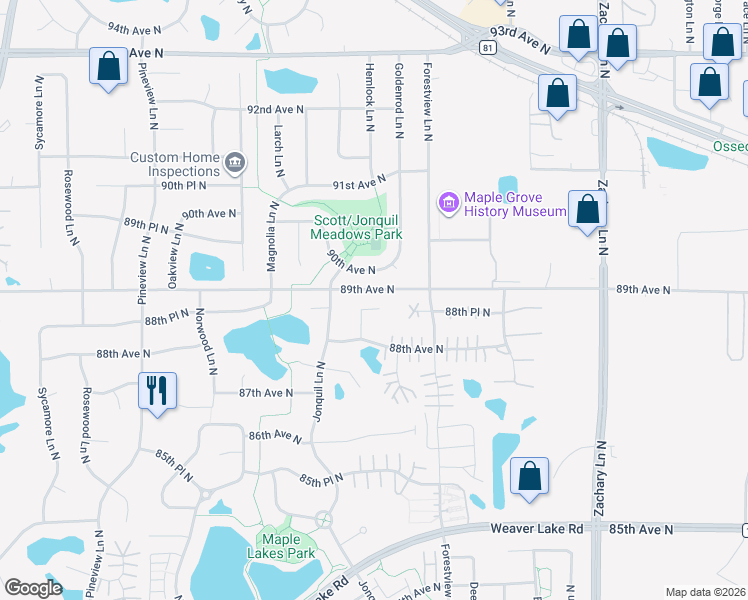 map of restaurants, bars, coffee shops, grocery stores, and more near 8868 Ives Court in Maple Grove