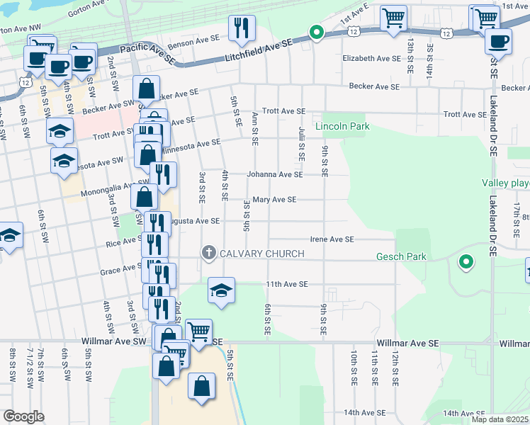 map of restaurants, bars, coffee shops, grocery stores, and more near 600 Augusta Avenue Southeast in Willmar