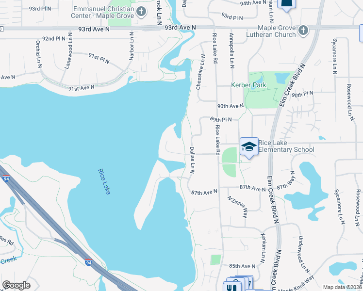 map of restaurants, bars, coffee shops, grocery stores, and more near 14207 88th Place North in Maple Grove