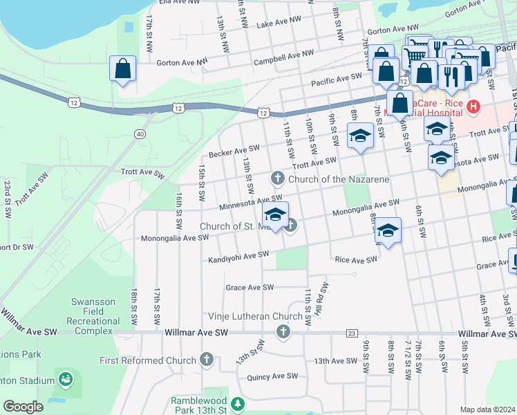 map of restaurants, bars, coffee shops, grocery stores, and more near 605 13th Street Southwest in Willmar