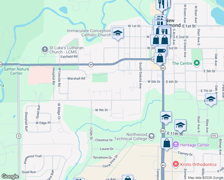map of restaurants, bars, coffee shops, grocery stores, and more near 579 West 8th Street in New Richmond