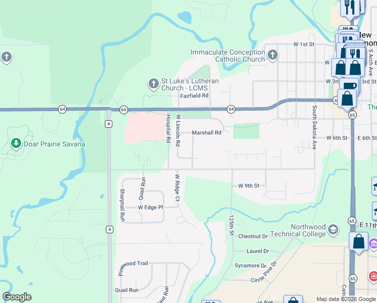 map of restaurants, bars, coffee shops, grocery stores, and more near 605 East Lincoln Road in New Richmond