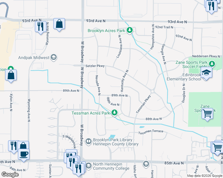 map of restaurants, bars, coffee shops, grocery stores, and more near 7109 90th Trail North in Minneapolis