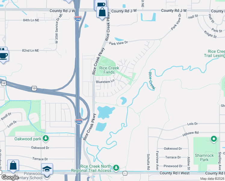 map of restaurants, bars, coffee shops, grocery stores, and more near 1886 Bluestem Lane in Shoreview